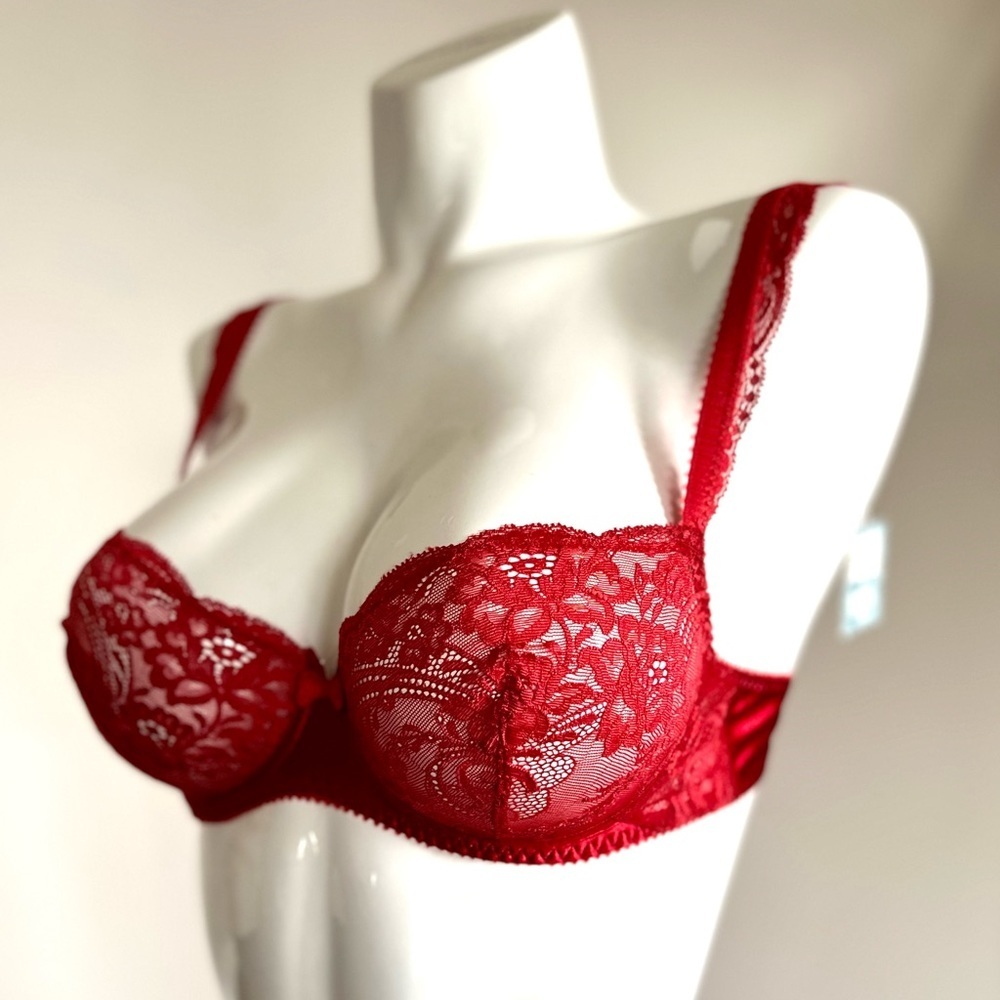 Vintage Lou from Paris, France, Satin & Lace Underwire Red Bra NWT